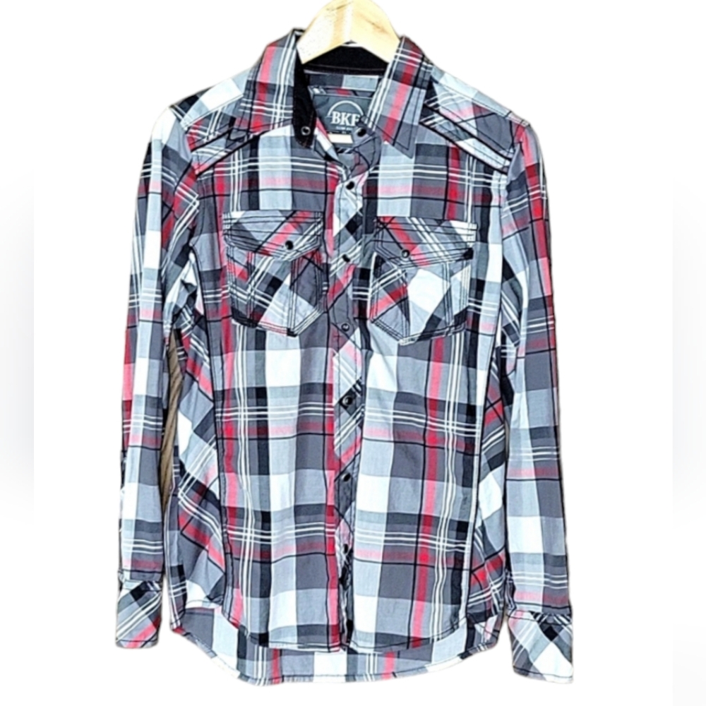 Buckle BKE Men's "Slim Fit" Plaid Button Down Long Sleeve Red Gray Blk, X-Small - Picture 2 of 3